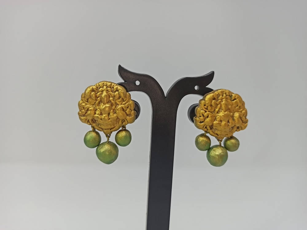 Terracotta Lakshmi Devi Studs With Dangles-Golden Green