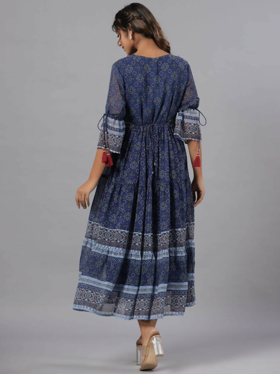 Juniper Women Navy Blue Georgette Geometric Printed Tiered Maxi Dress - Distacart