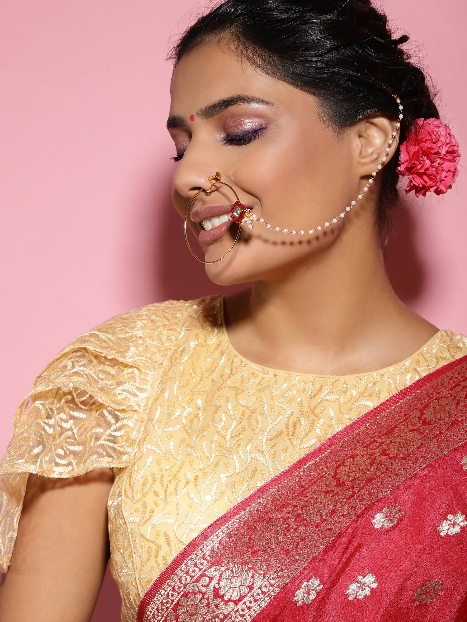 White Red Gold-Plated Kundan-Studded Beaded Nosepin - Ruby Raang - Distacart