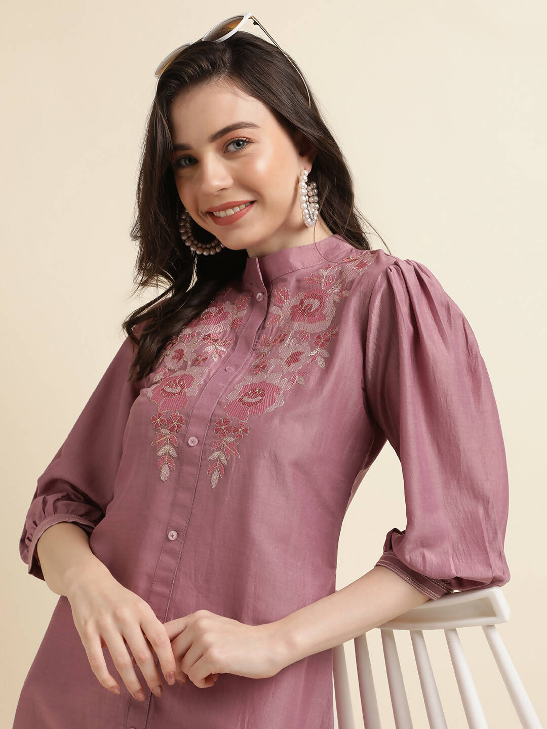 Dust Pink Chinon Yoke Embroidered A-line Top - Tarini - Distacart