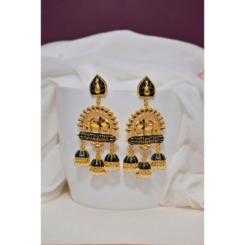 Traditional Gold-Plated Elephant Design Kundan Black Jhumka Jhumki Earrings By House of Ree - Distacart