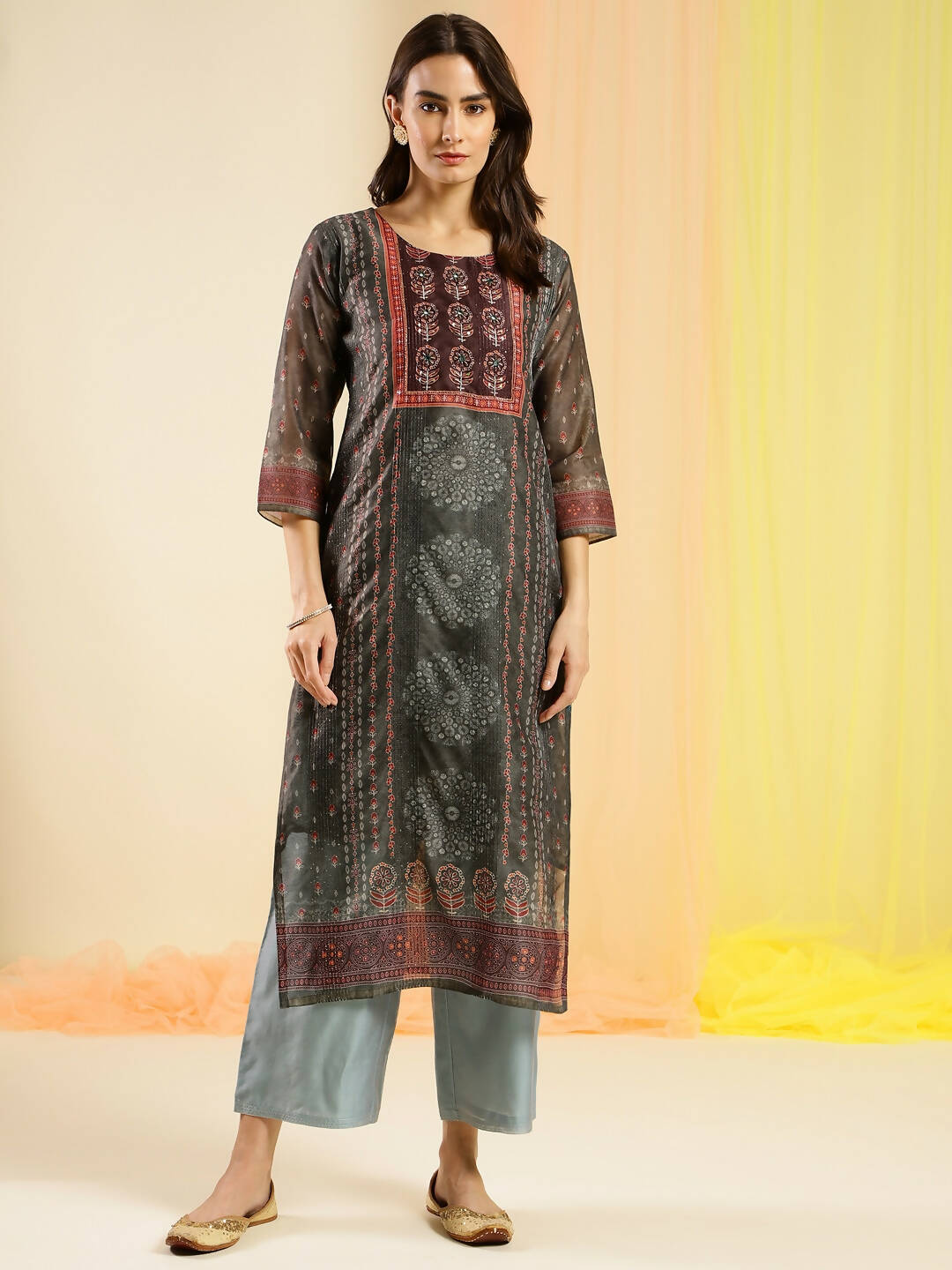 Dark Green Chinon Digital Printed With Hand Work Kurta - Himanshi - Distacart