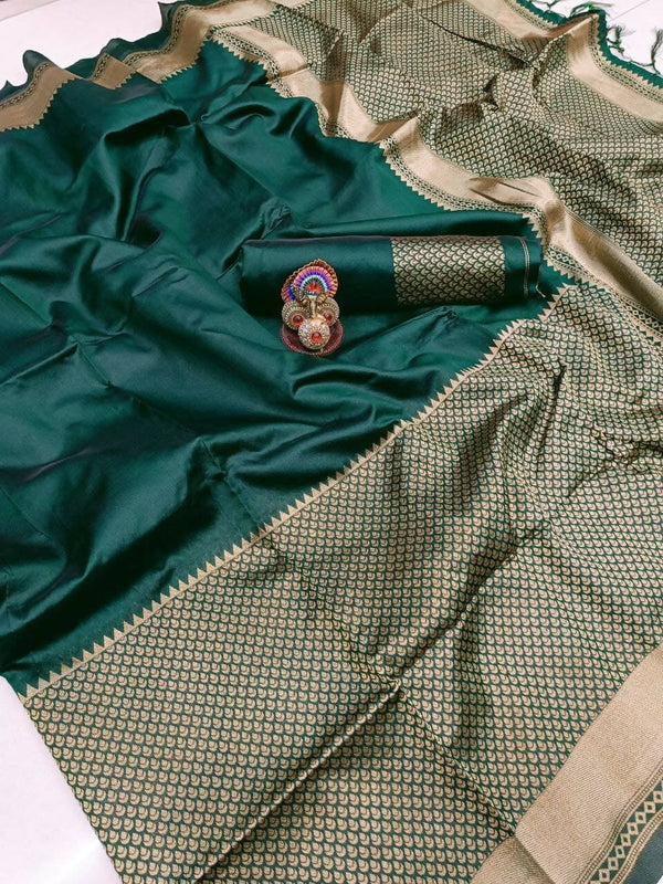 DEIANA'S Beautiful Golden Jari with New Design Soft Lichi Silk Saree - Green - Distacart