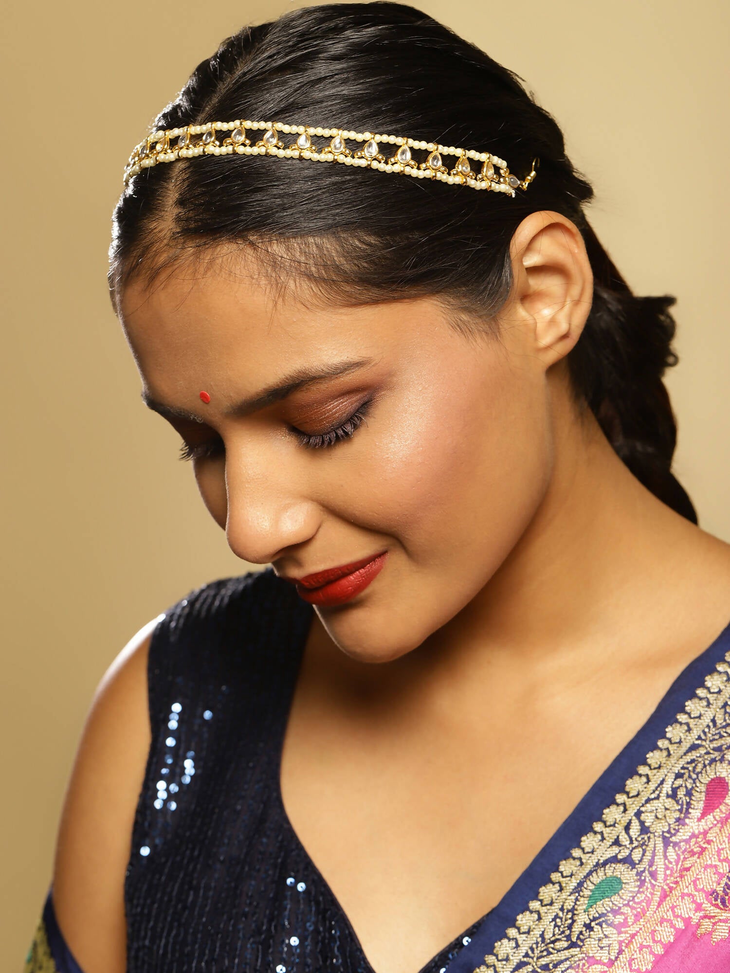 Gold-Plated White Kundan-Studded Pearl Beaded Hair Band - Ruby Raang - Distacart