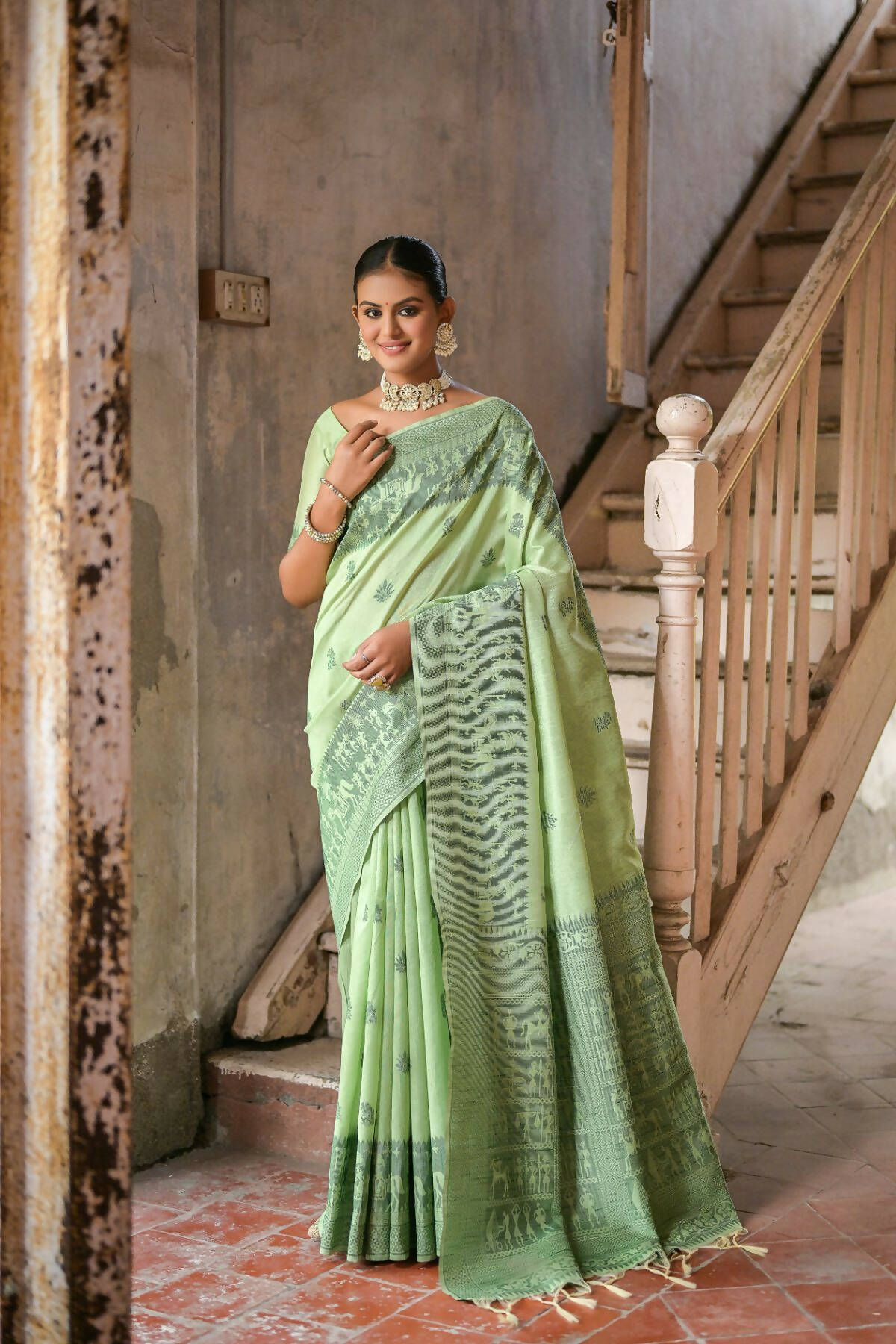 Vishnu Weaves Women's Pista Handloom Raw Silk Woven Border Saree with Blouse - Distacart