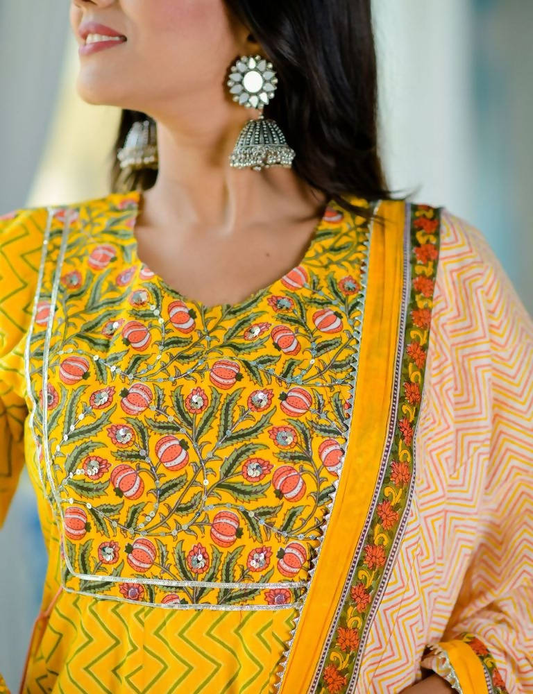 Yufta Women Yellow Handblock Anarkali Kurta with Trouser & Dupatta