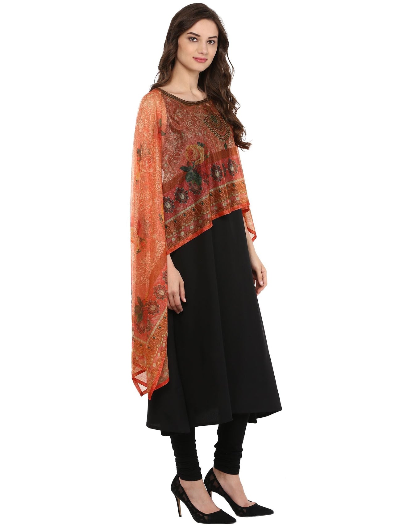 Ahalyaa Black Crepe Printed Kurta With Attached Dupatta For Women