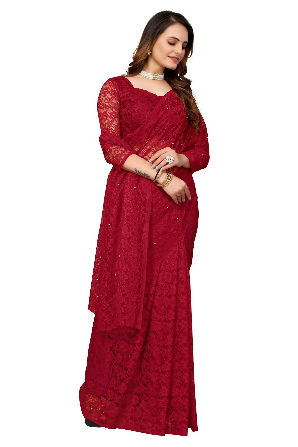 Vamika Maroon Pearls Net Saree - Distacart
