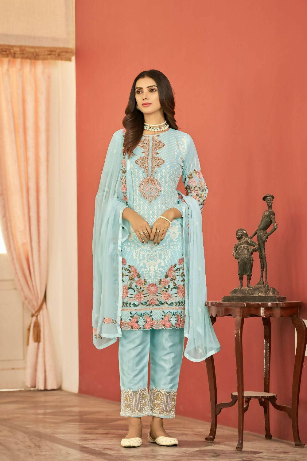 Sky Blue Heavy Faux Georgette Embroidered Semi Stitched Suit - Dhvani - Distacart