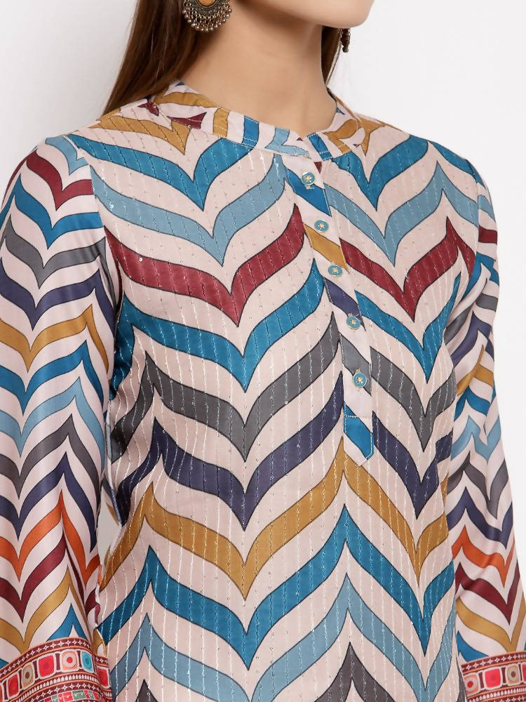 Myshka Women's Multi Silk Printed 3/4 Sleeve Round Neck Casual Kurta