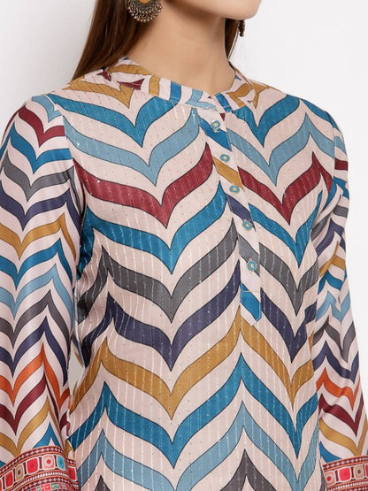Myshka Women's Multi Silk Printed 3/4 Sleeve Round Neck Casual Kurta