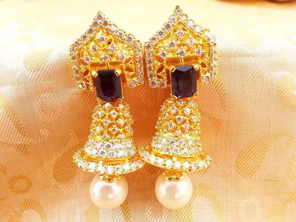 AD Bell Type Jhumkas with Blue Stone