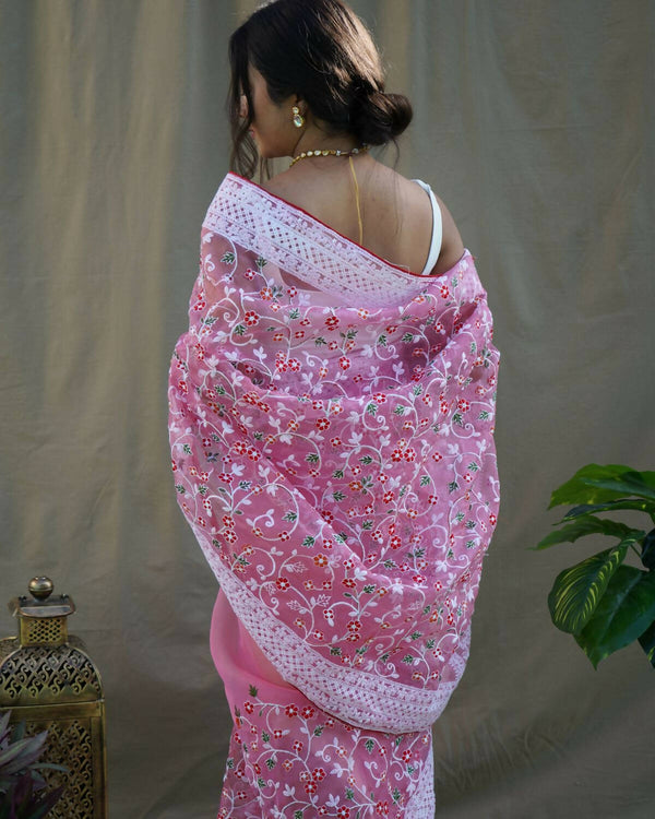 Vastrasky Pink Organza Saree - Distacart