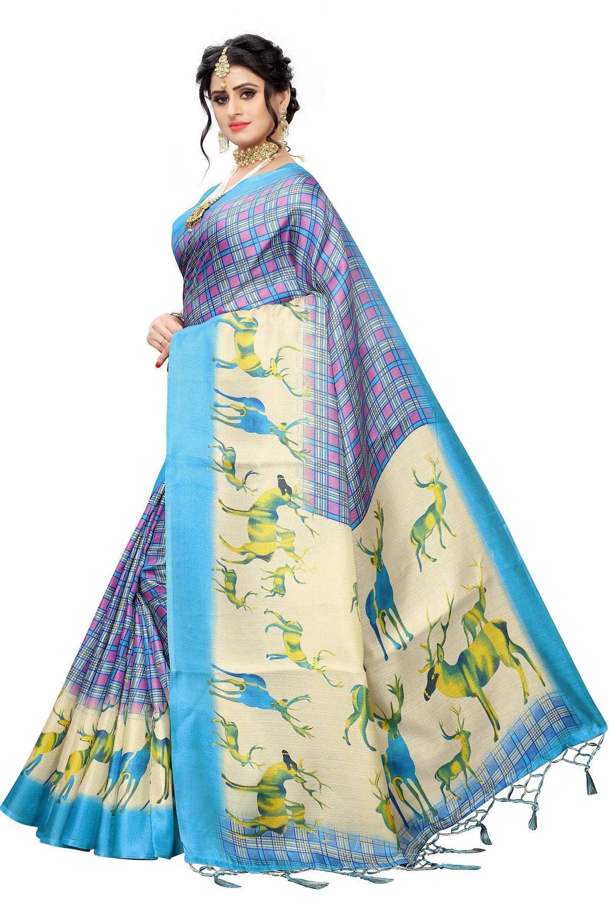 Vamika Multicolor & Sky Blue Kalamkari With Jhalar Khadi Silk Saree