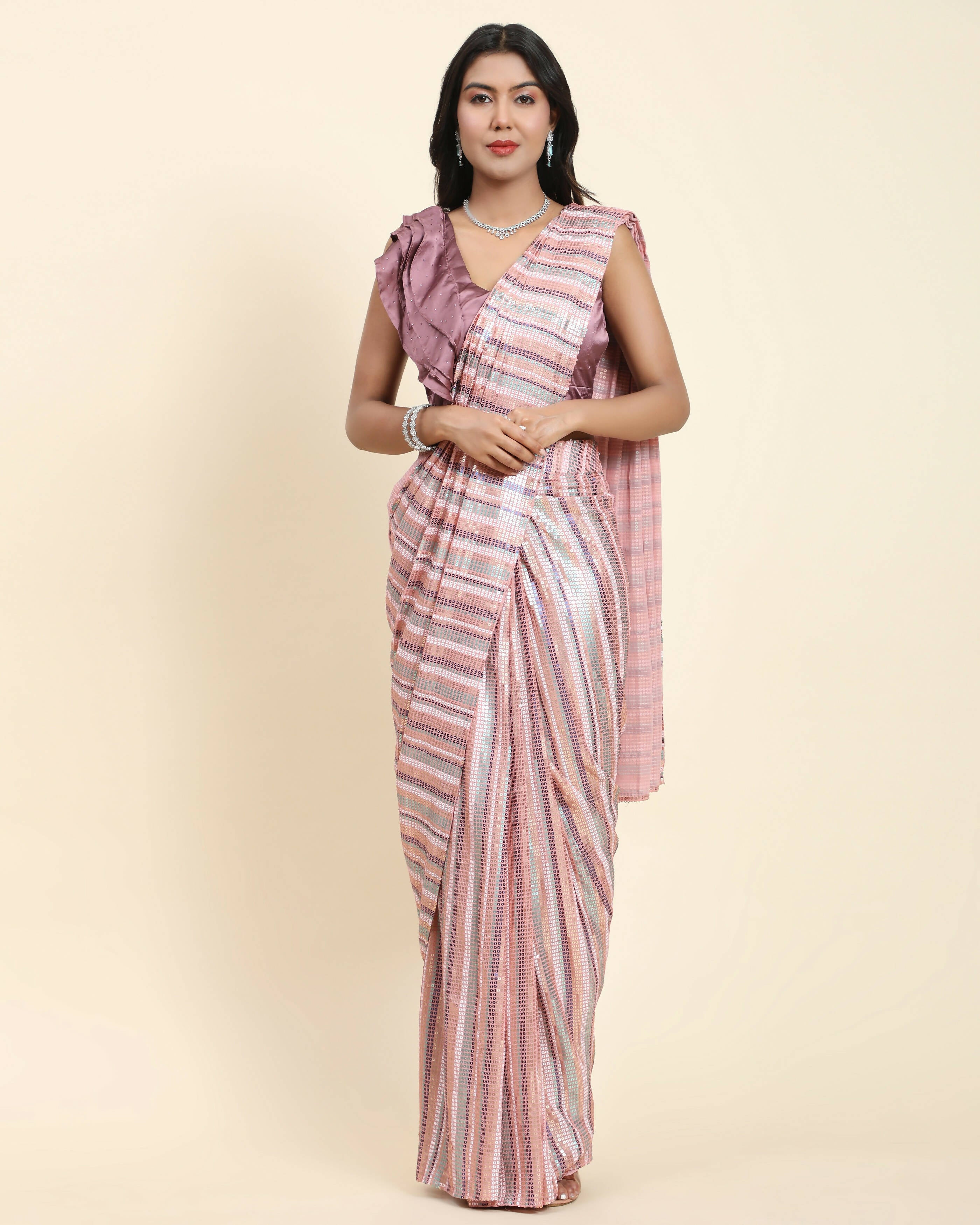 Pink Pure Georgette Sequence work Ready to wear Saree with stitched Blouse - Satiksha - Distacart