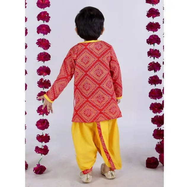 Little Bansi Red and yellow Color Jaipuri Ambi Angrakha Kurta with Dhoti