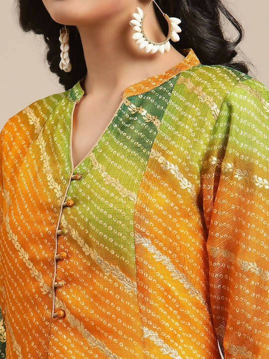 Varanga Mustard Yellow & Green Bandhani Dyed Anarkali Kurta - Distacart