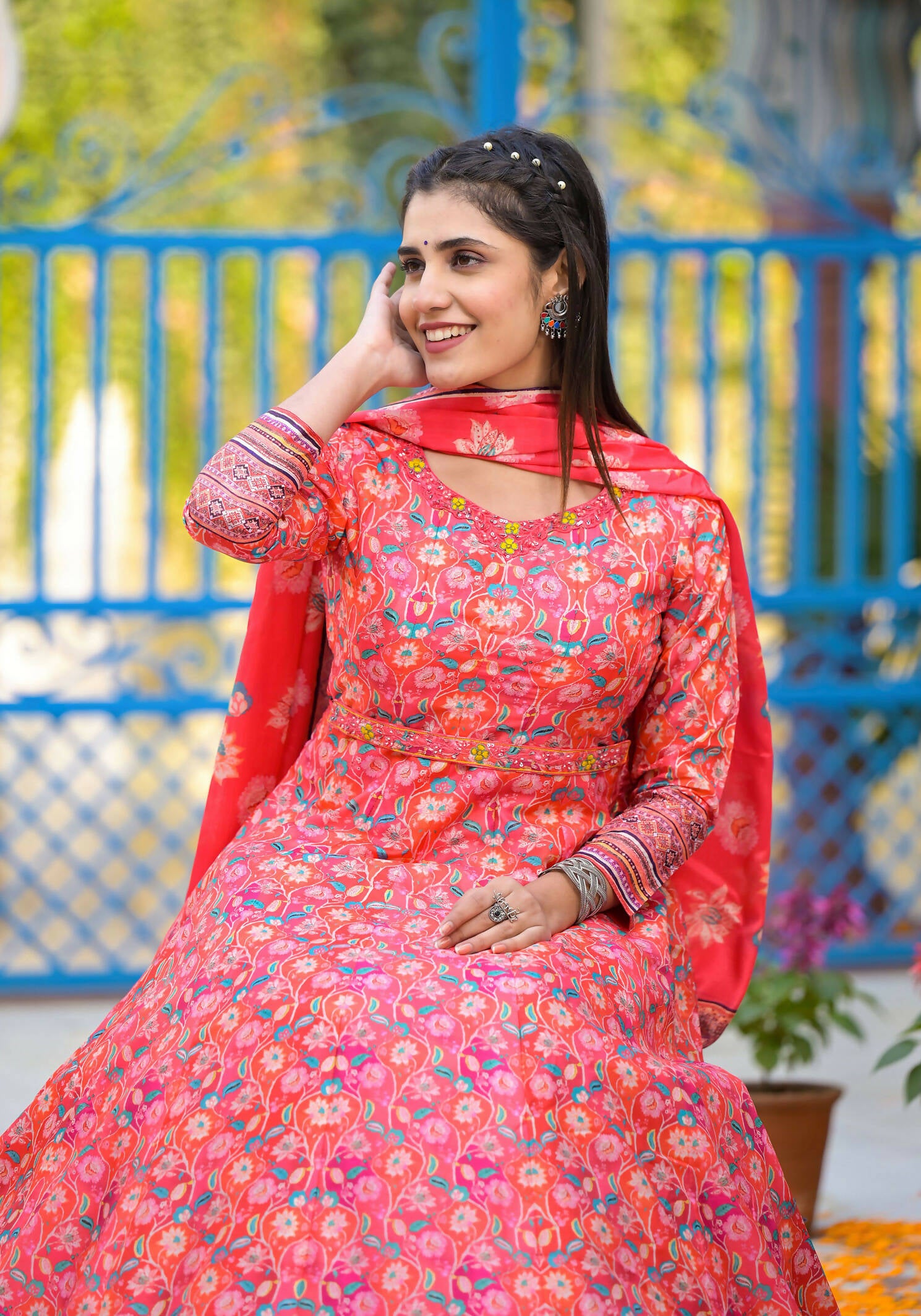 Functional Designer Red-Orange Dola Silk Anarkali suit with Dupatta - Ramya - Distacart