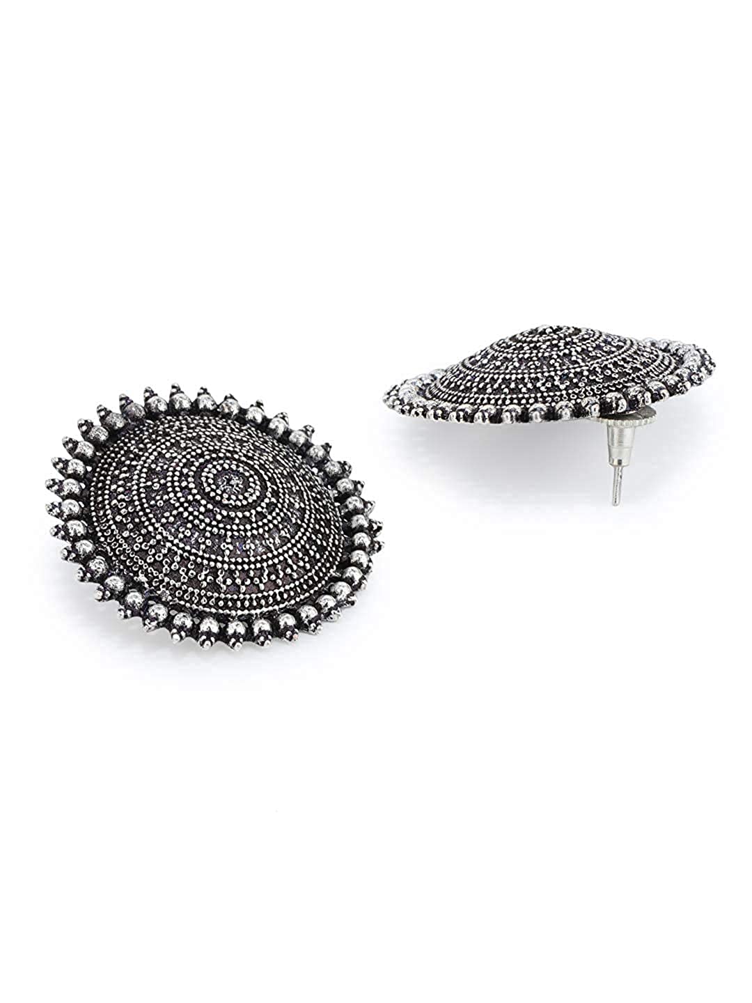 Rhodium-Plated Alloy Round Silver Antique Stud Earrings - The Pari - Distacart