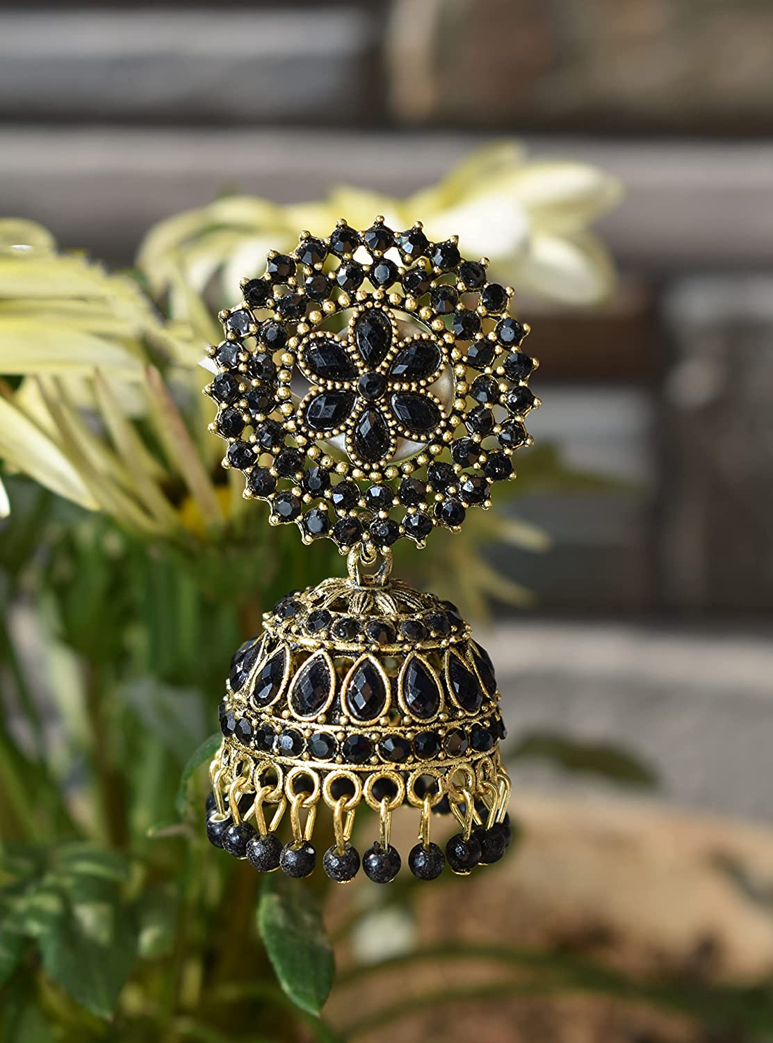 Gold-Plated Alloy Black Rhinestones Studded Jhumki Earrings - The Pari - Distacart