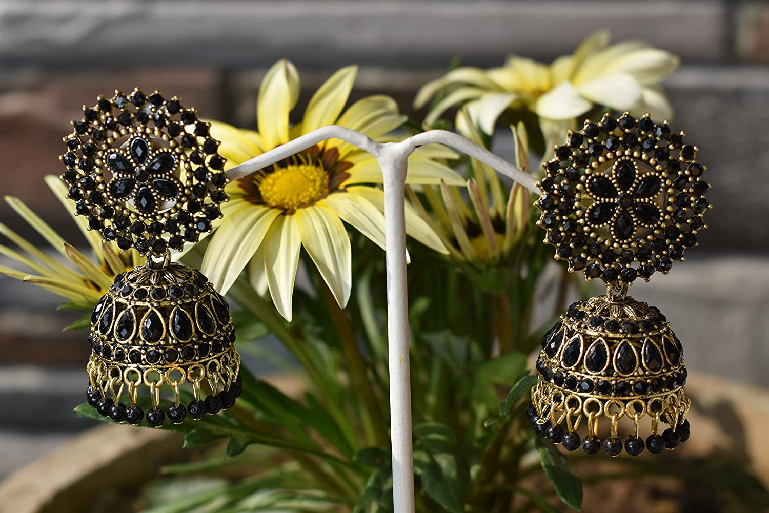 Gold-Plated Alloy Black Rhinestones Studded Jhumki Earrings - The Pari - Distacart