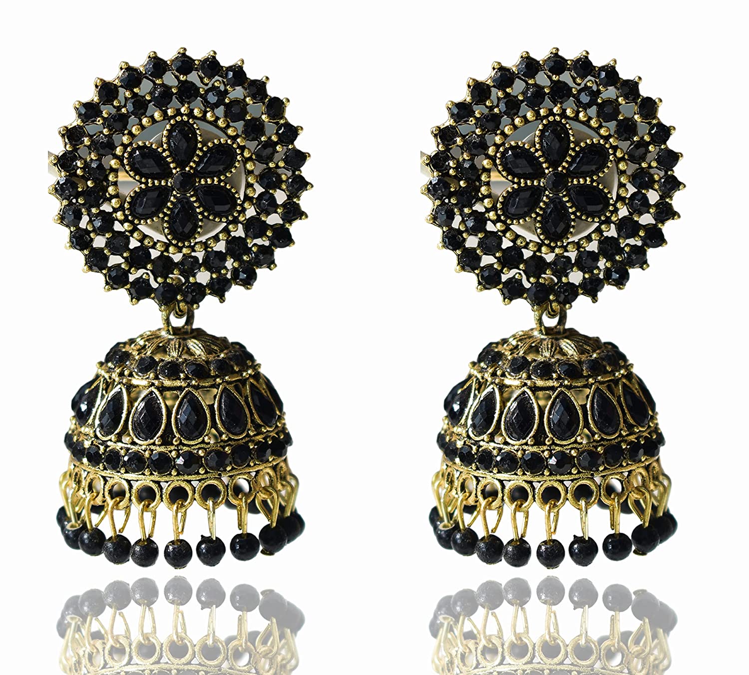 Gold-Plated Alloy Black Rhinestones Studded Jhumki Earrings - The Pari - Distacart