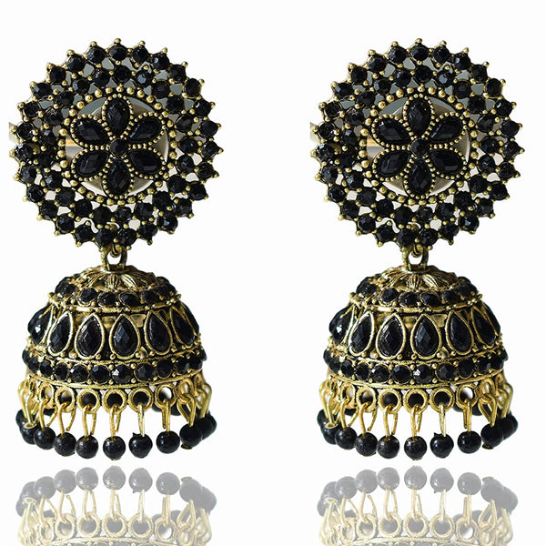 Gold-Plated Alloy Black Rhinestones Studded Jhumki Earrings - The Pari - Distacart