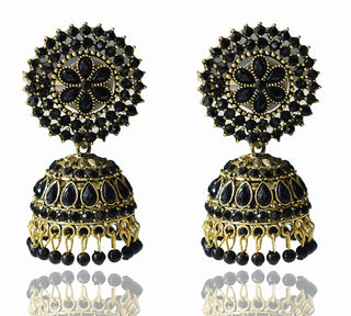 Gold-Plated Alloy Black Rhinestones Studded Jhumki Earrings - The Pari - Distacart