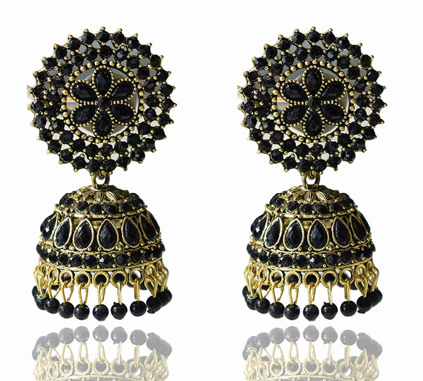 Gold-Plated Alloy Black Rhinestones Studded Jhumki Earrings - The Pari - Distacart