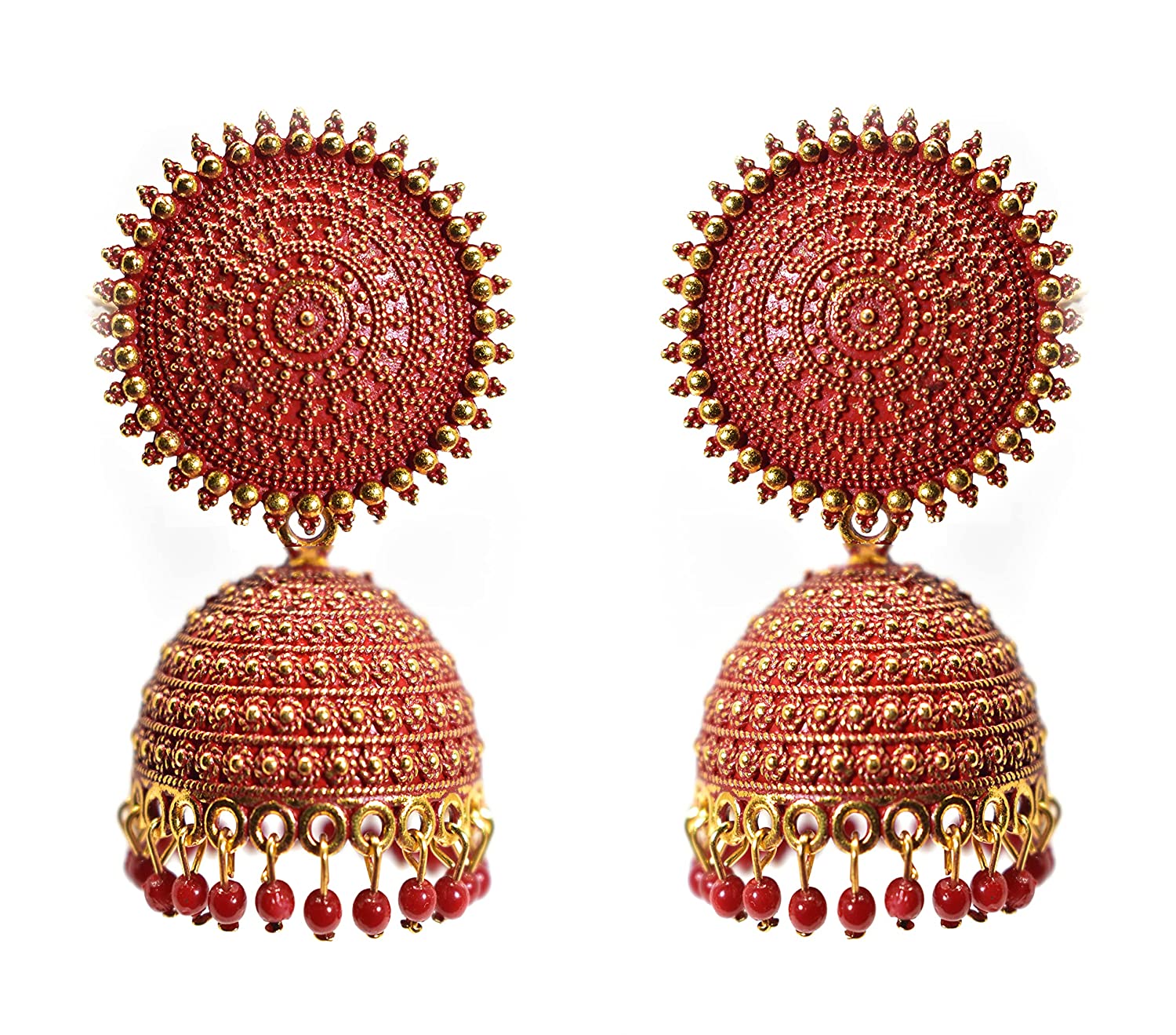 Gold-Plated Alloy Red Sun Shaped Jhumka Earrings - The Pari - Distacart
