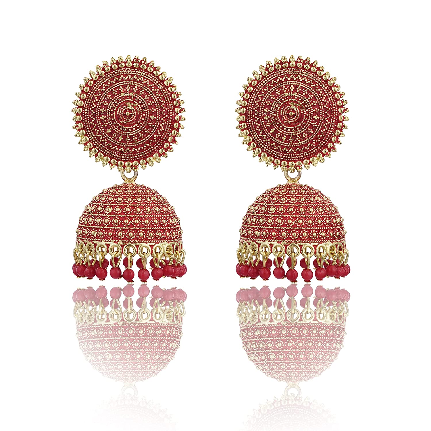 Gold-Plated Alloy Red Sun Shaped Jhumka Earrings - The Pari - Distacart