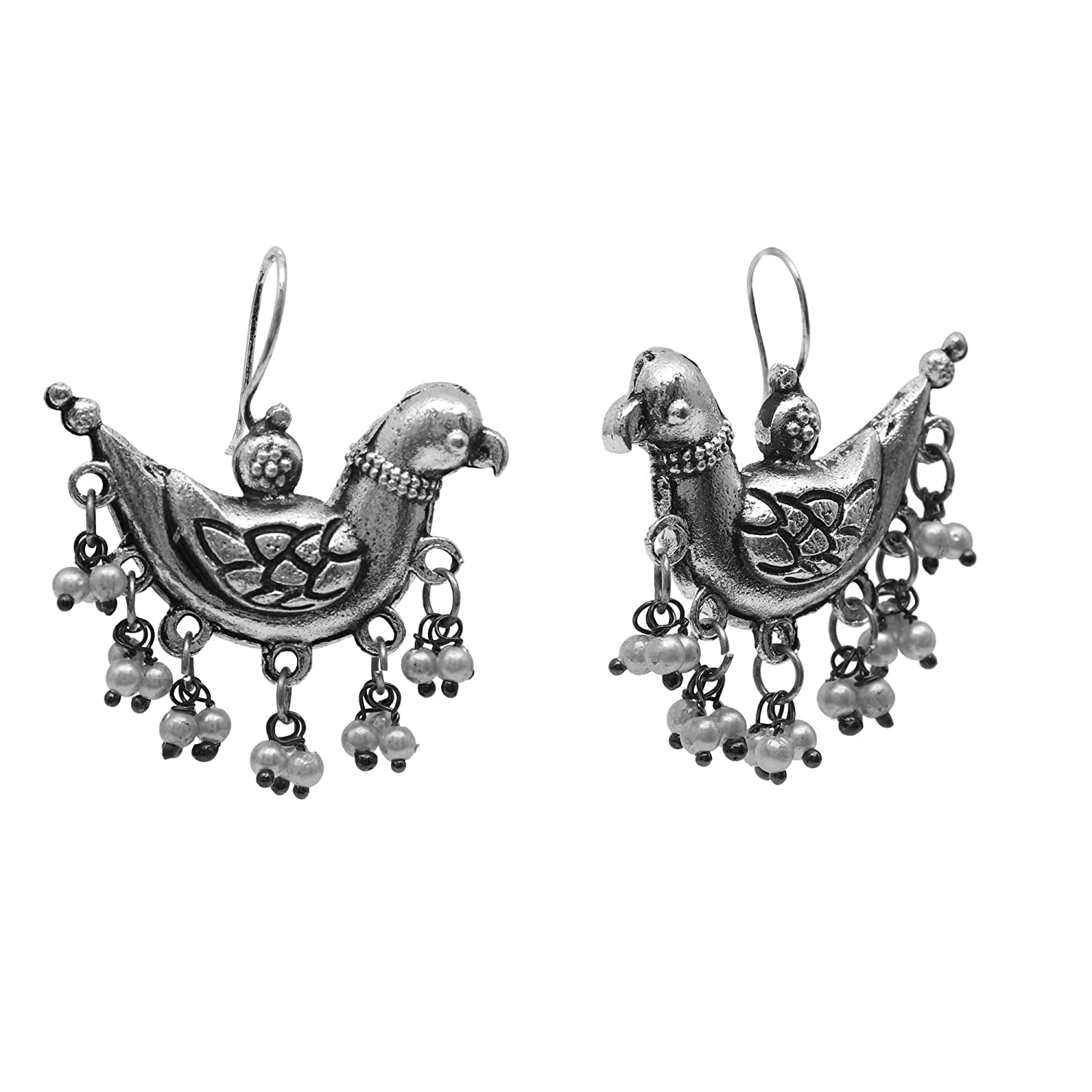 Rhodium-Plated Alloy Silver Bird Designed Antique Earrings - The Pari - Distacart