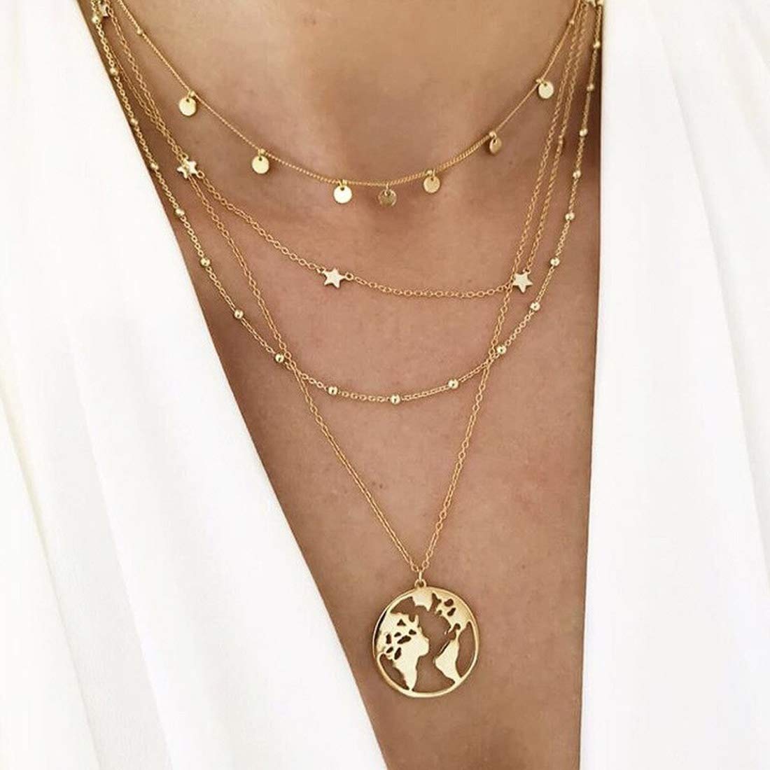 Gold-Plated Alloy Tripple Layer Earth Charm Necklace - The Pari - Distacart