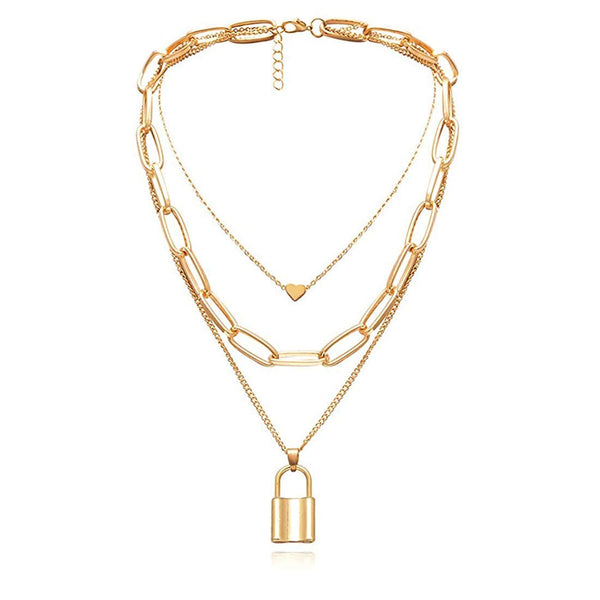 Gold-Plated Alloy Lock & Heart Multiple Chain Necklace - The Pari - Distacart