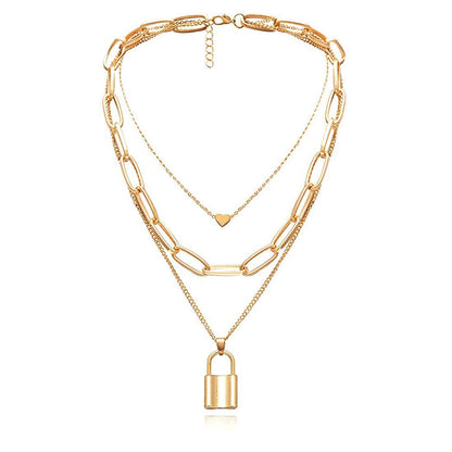 Gold-Plated Alloy Lock & Heart Multiple Chain Necklace - The Pari - Distacart