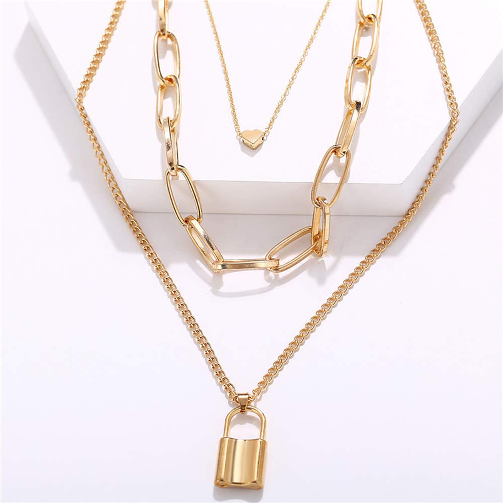 Gold-Plated Alloy Lock & Heart Multiple Chain Necklace - The Pari - Distacart