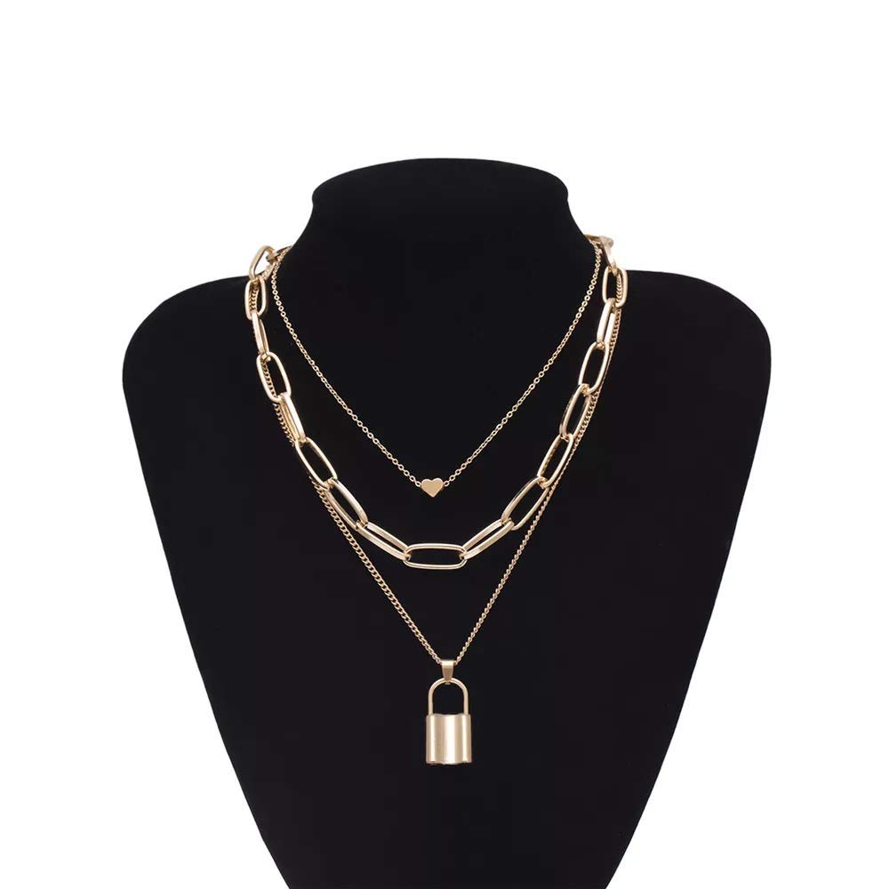Gold-Plated Alloy Lock & Heart Multiple Chain Necklace - The Pari - Distacart