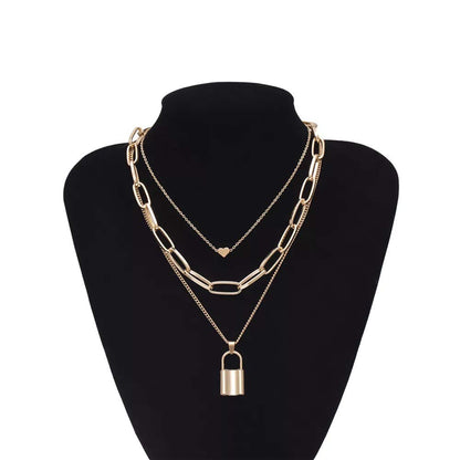 Gold-Plated Alloy Lock & Heart Multiple Chain Necklace - The Pari - Distacart