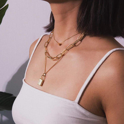 Gold-Plated Alloy Lock & Heart Multiple Chain Necklace - The Pari - Distacart