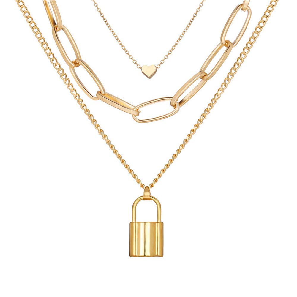 Gold-Plated Alloy Lock & Heart Multiple Chain Necklace - The Pari - Distacart