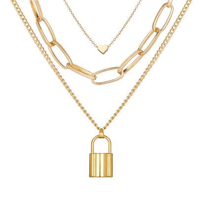 Gold-Plated Alloy Lock & Heart Multiple Chain Necklace - The Pari - Distacart