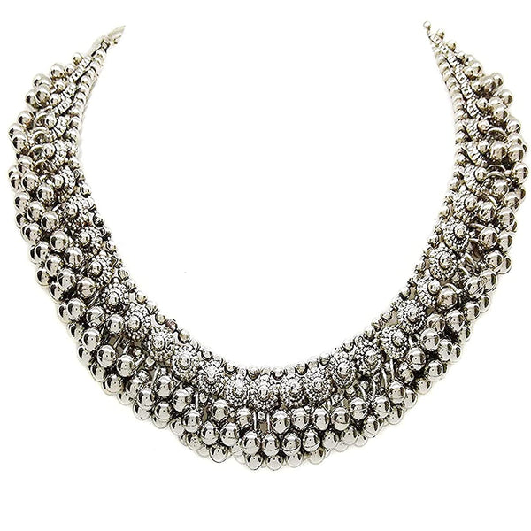 Rhodium-Plated Alloy Silver Bead Cluster Choker Necklace - The Pari - Distacart