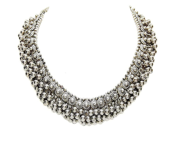 Rhodium-Plated Alloy Silver Bead Cluster Choker Necklace - The Pari - Distacart
