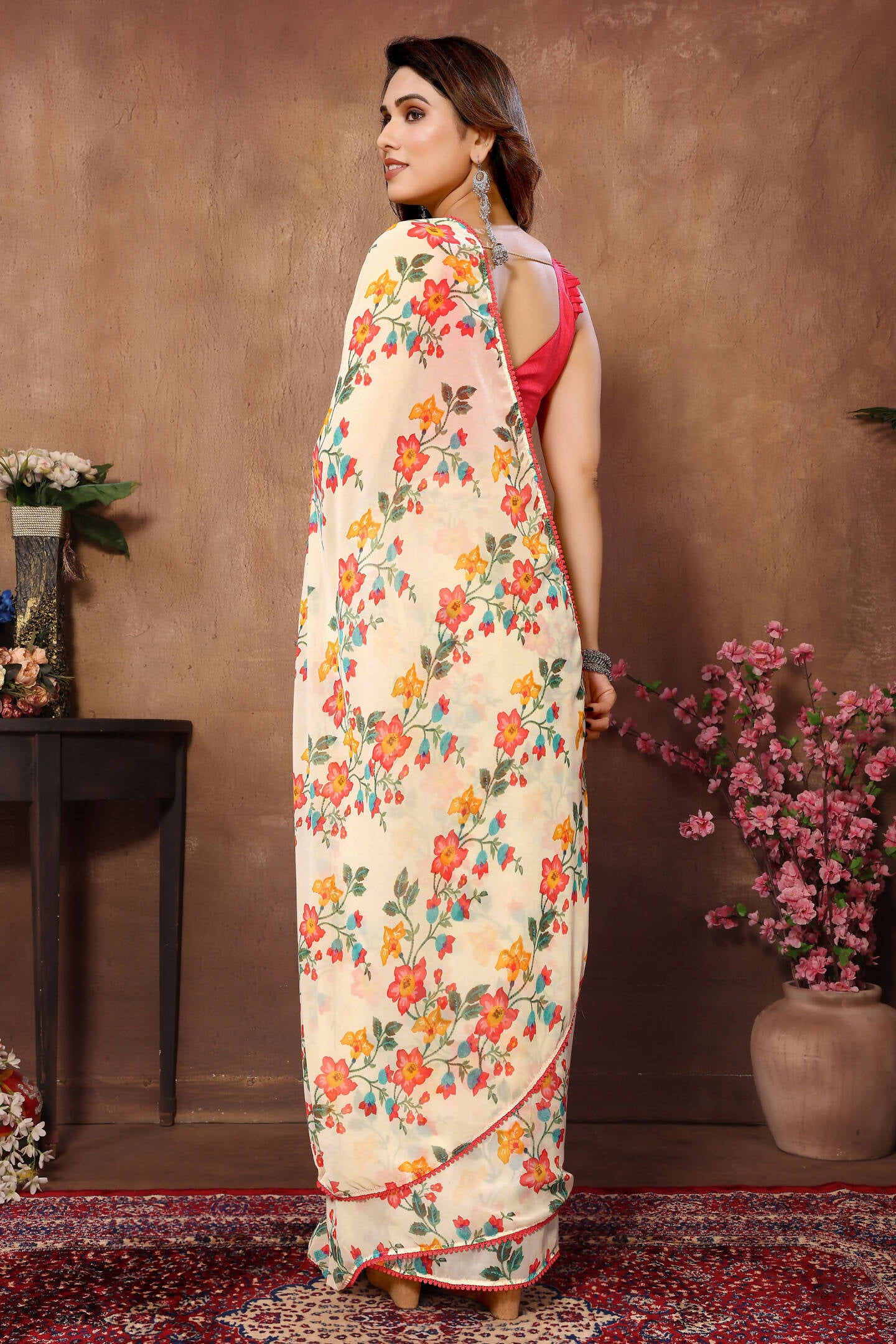Partywear Designer Cream Georgette Fancy Saree - Satrangi - Distacart