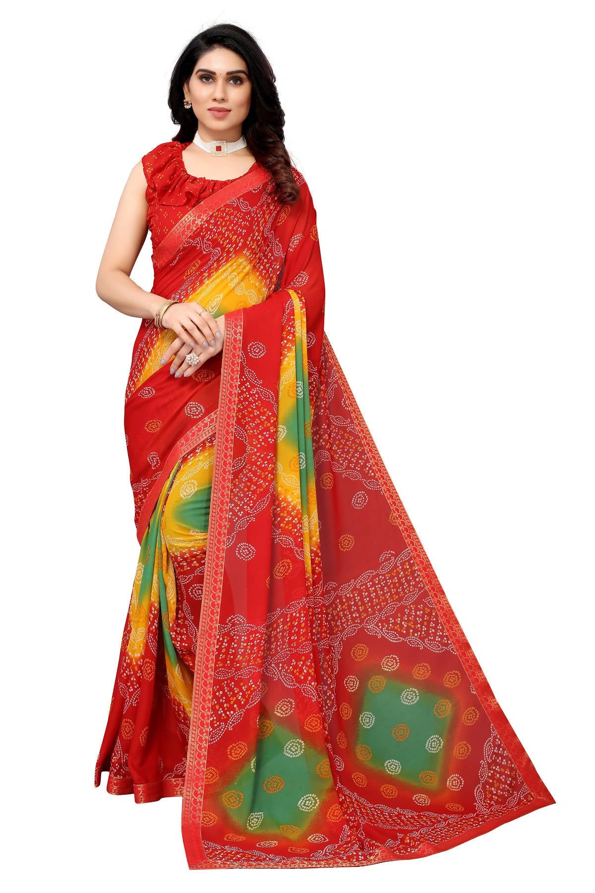 Vamika Ethnic Fire Red Printed With Lace Saree - Distacart