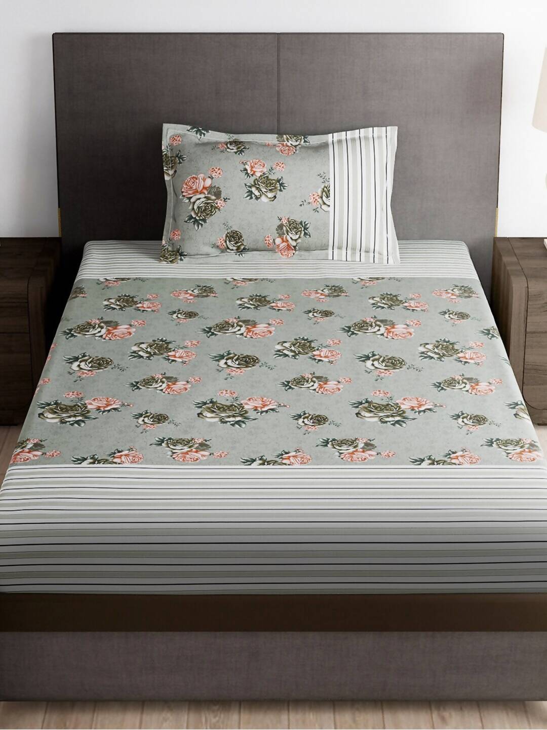 Story@home Arena Grey & Pink Floral Printed 180 TC Bedsheet & Pillow Covers - Distacart