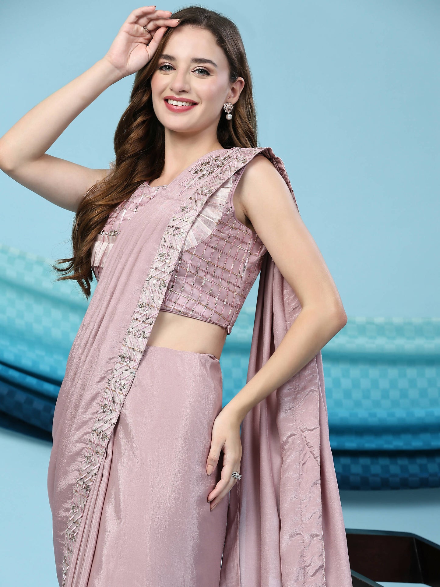 Pink Silk Satin Solid Ready to wear Saree with stitched Blouse - Satiksha - Distacart