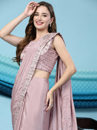 Thumbnail for Pink Silk Satin Solid Ready to wear Saree with stitched Blouse - Satiksha - Distacart