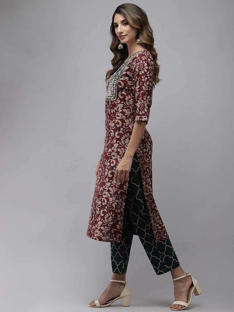 Yufta Women Mauve & Green Ethnic Motifs Printed Sequined Cotton Kurta Set & Dupatta