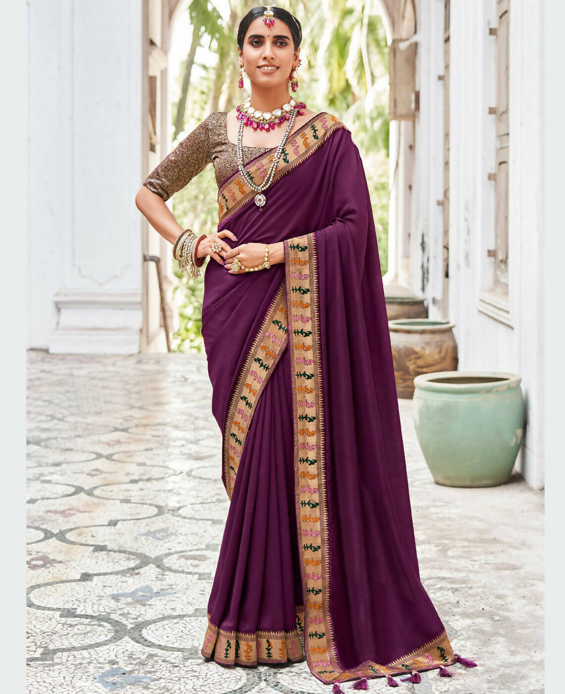 Purple Vichitra Solid Saree With Unstitched Blouse Piece - Juhi - Distacart